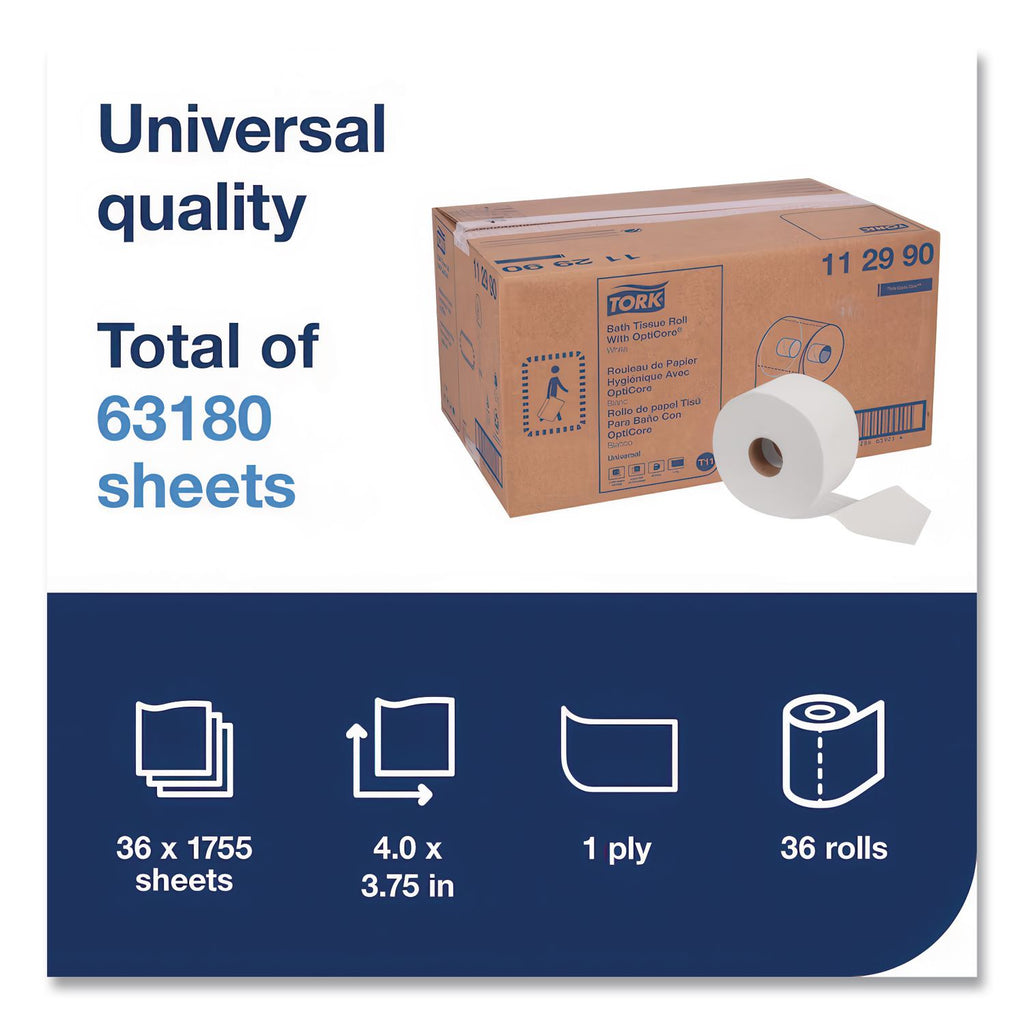 Universal Bath Tissue Roll with OptiCore, Septic Safe, 1-Ply, White, 1,755 Sheets/Roll, 36/Carton