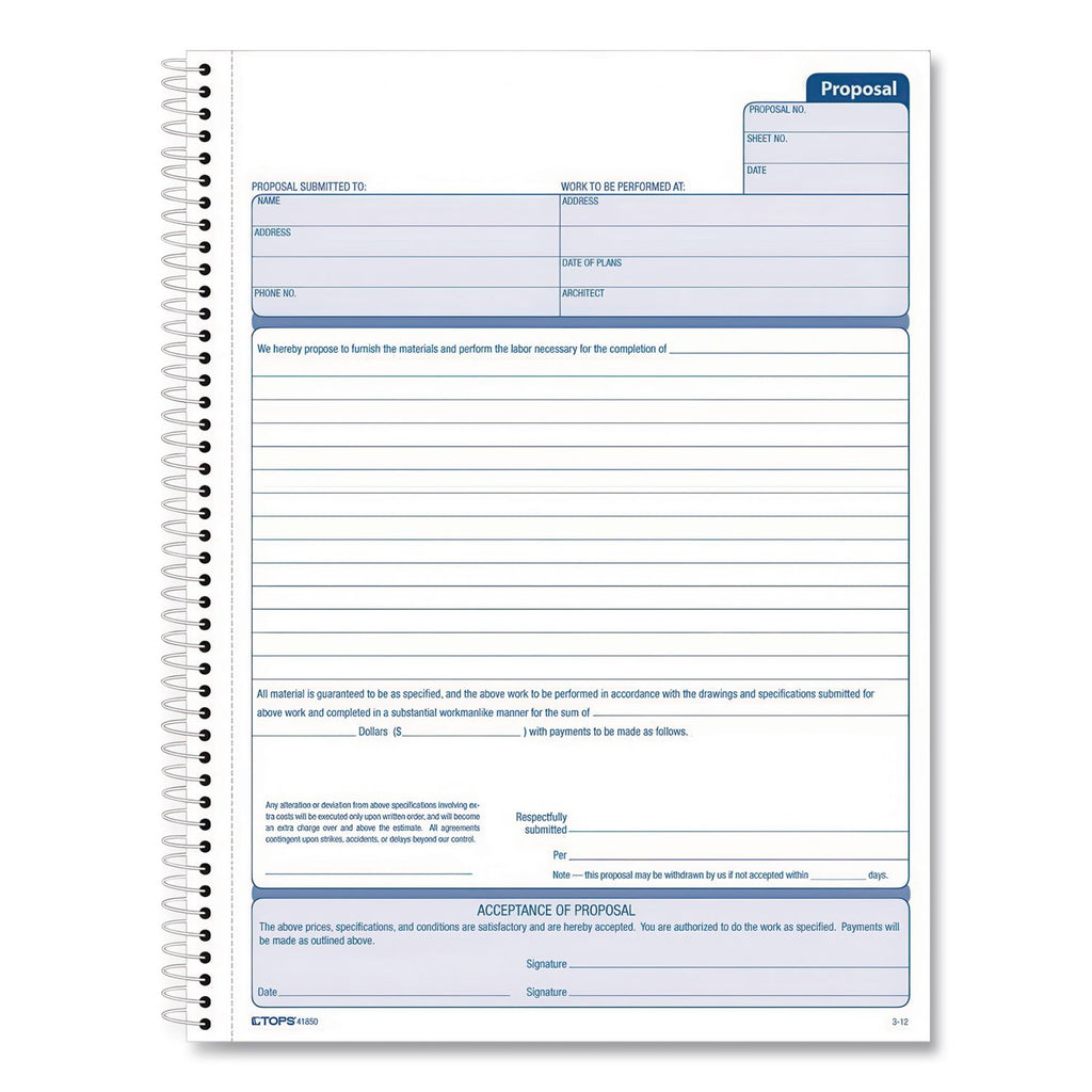 Spiralbound Proposal Form Book, Two-Part Carbonless, 11 x 8.5, 50 Forms Total