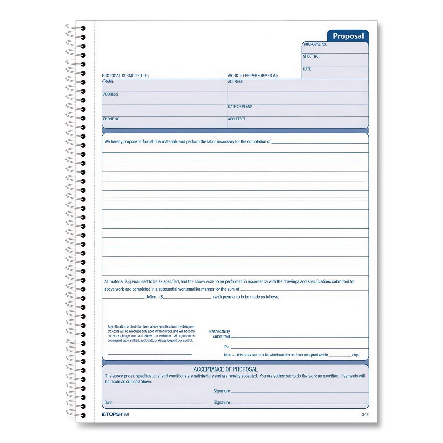 Spiralbound Proposal Form Book, Two-Part Carbonless, 11 x 8.5, 50 Forms Total