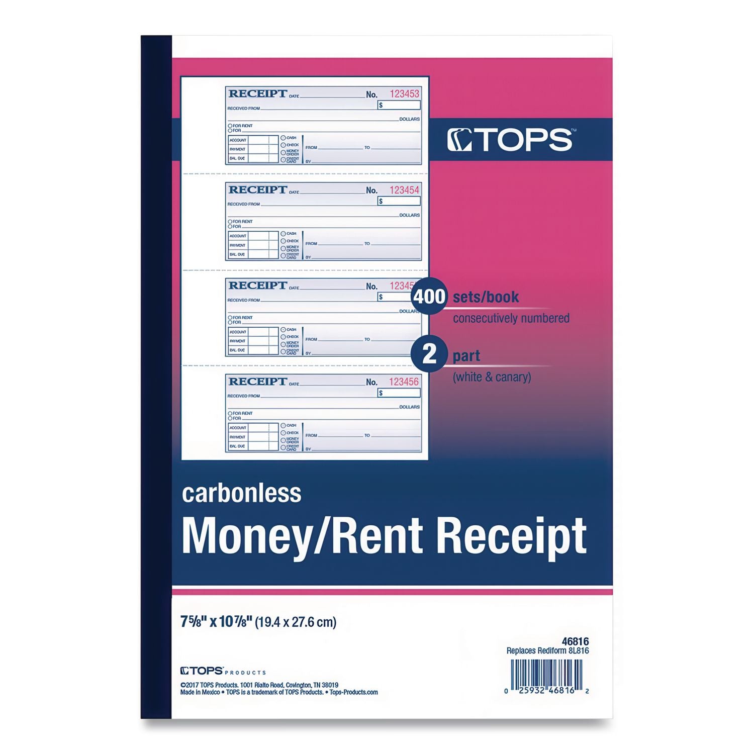 Money and Rent Receipt Books, Account + Payment Sections, Two-Part Carbonless, 7.13 x 2.75, 4 Forms/Sheet, 400 Forms Total