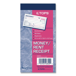 Money and Rent Receipt Books, Two-Part Carbonless, 4.78 x 2.75, 50 Forms Total