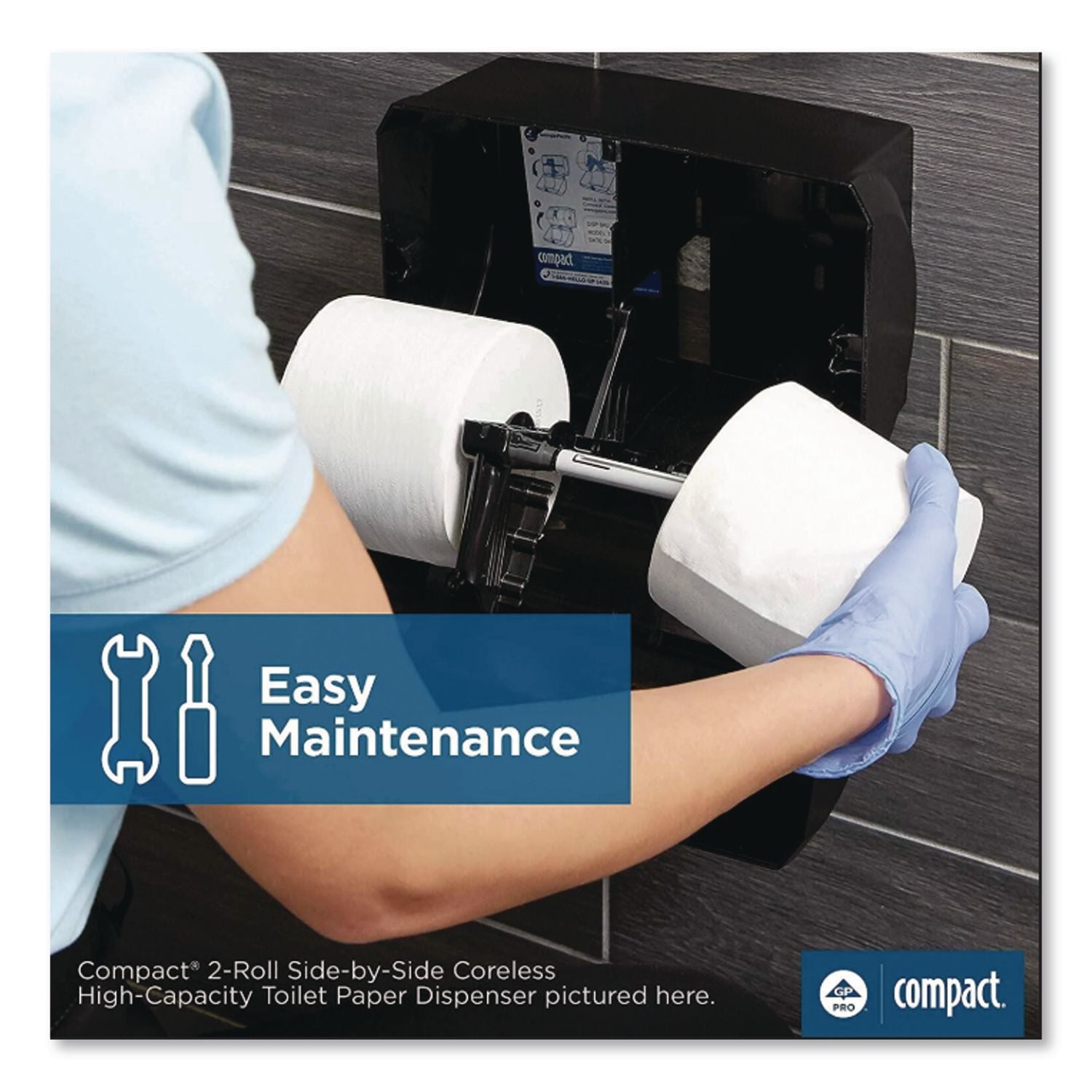 Compact Coreless Side-by-Side 2-Roll Tissue Dispenser, 11.5 x 7.63 x 8, Black