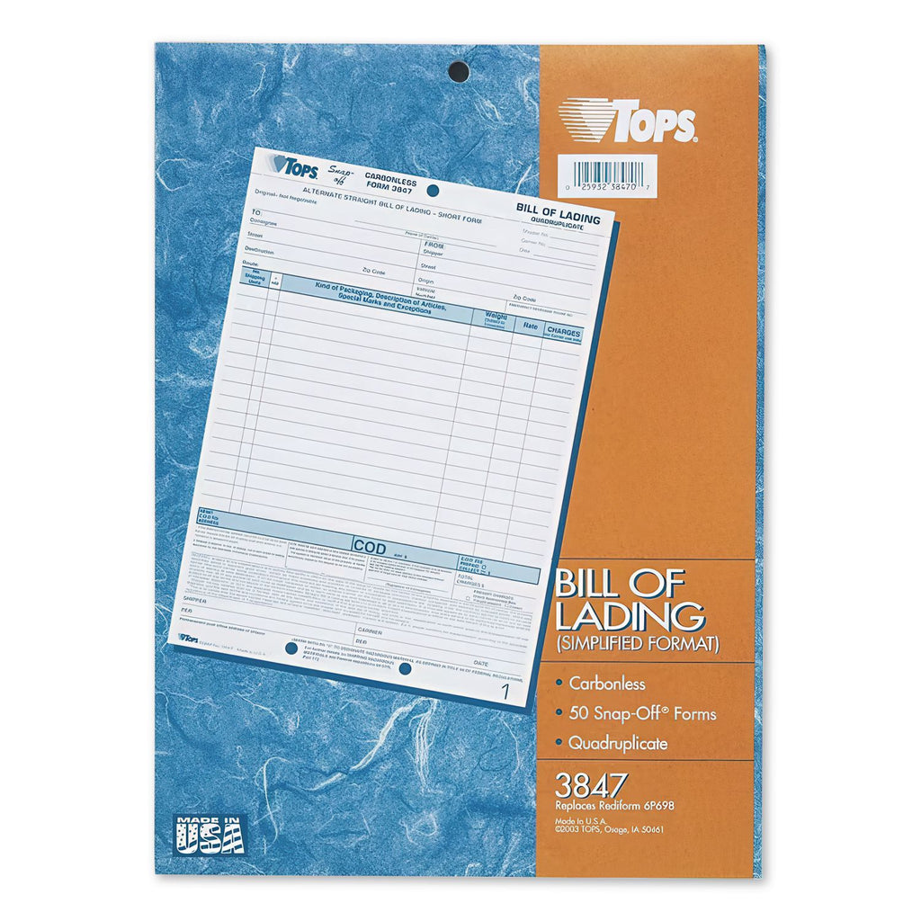 Bill of Lading, Four-Part Carbonless, 8.5 x 11, 50 Forms Total