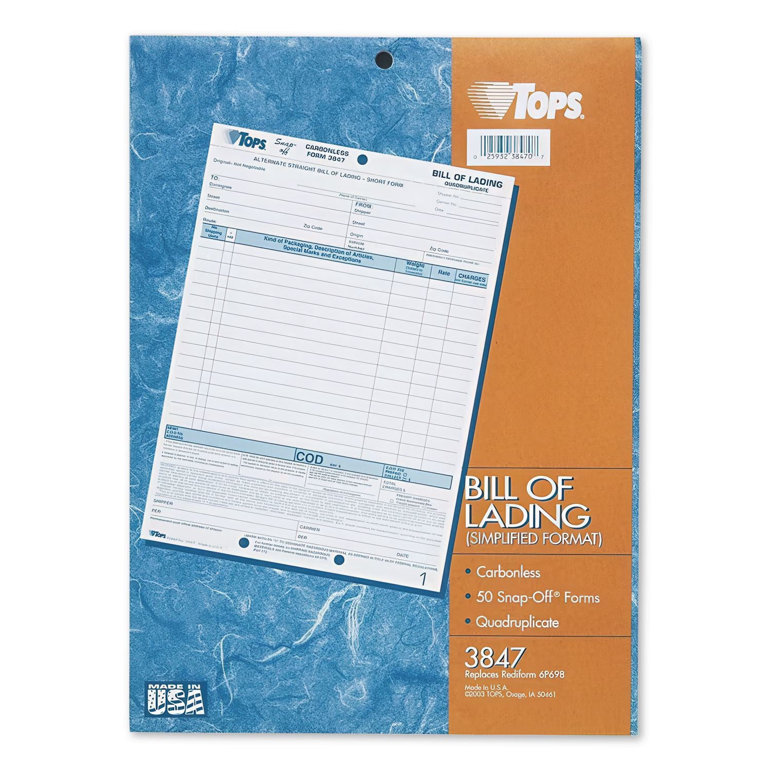 Bill of Lading, Four-Part Carbonless, 8.5 x 11, 50 Forms Total