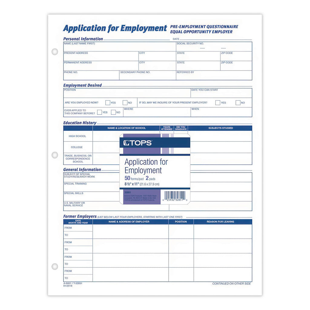 Employee Application Form, One-Part (No Copies), 11 x 8.38, 50 Forms/Pad, 2 Pads/Pack