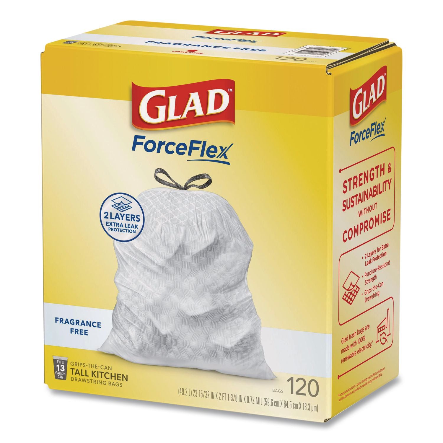 ForceFlexPlus OdorShield Tall Kitchen Drawstring Trash Bags, 13 gal, 0.72 mil, 23.75" x 25.38", White, 120/Box