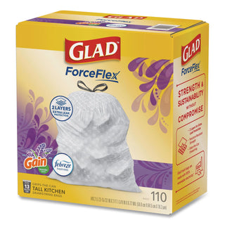 Glad ForceFlex Tall Kitchen Drawstring Trash Bags - Mediterranean Lavender with Febreze Freshness - 13 gal Capacity - 23.75" Width x 25.38" Length - 0.72 mil (18 Micron) Thickness - Drawstring Closure - White - 1/Box - 110 Per Box - Home, Office