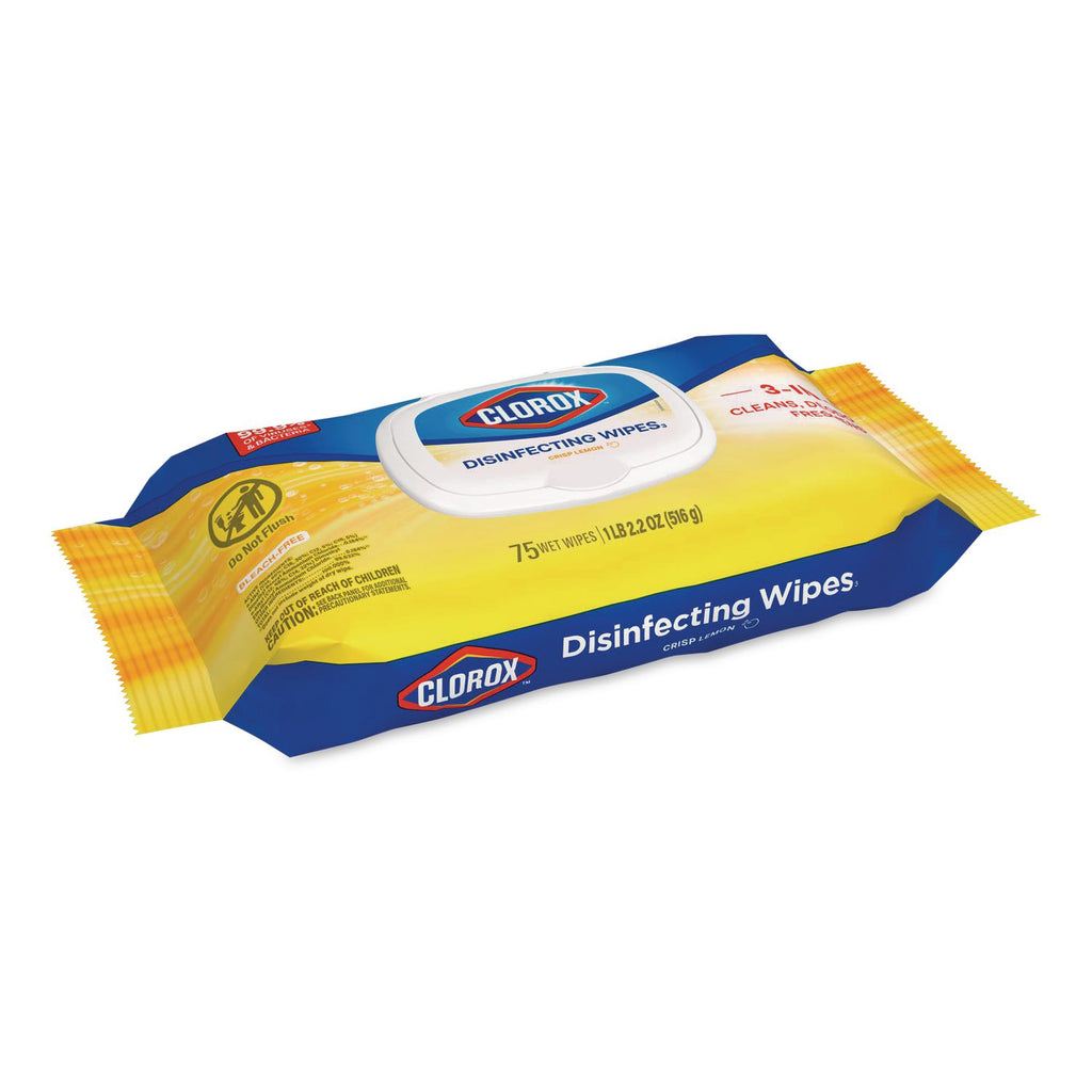 Disinfecting Wipes, Easy Pull Pack, 1-Ply, 8 x 7, Lemon Scent, White, 75 Towels/Box, 6 Boxes/Carton