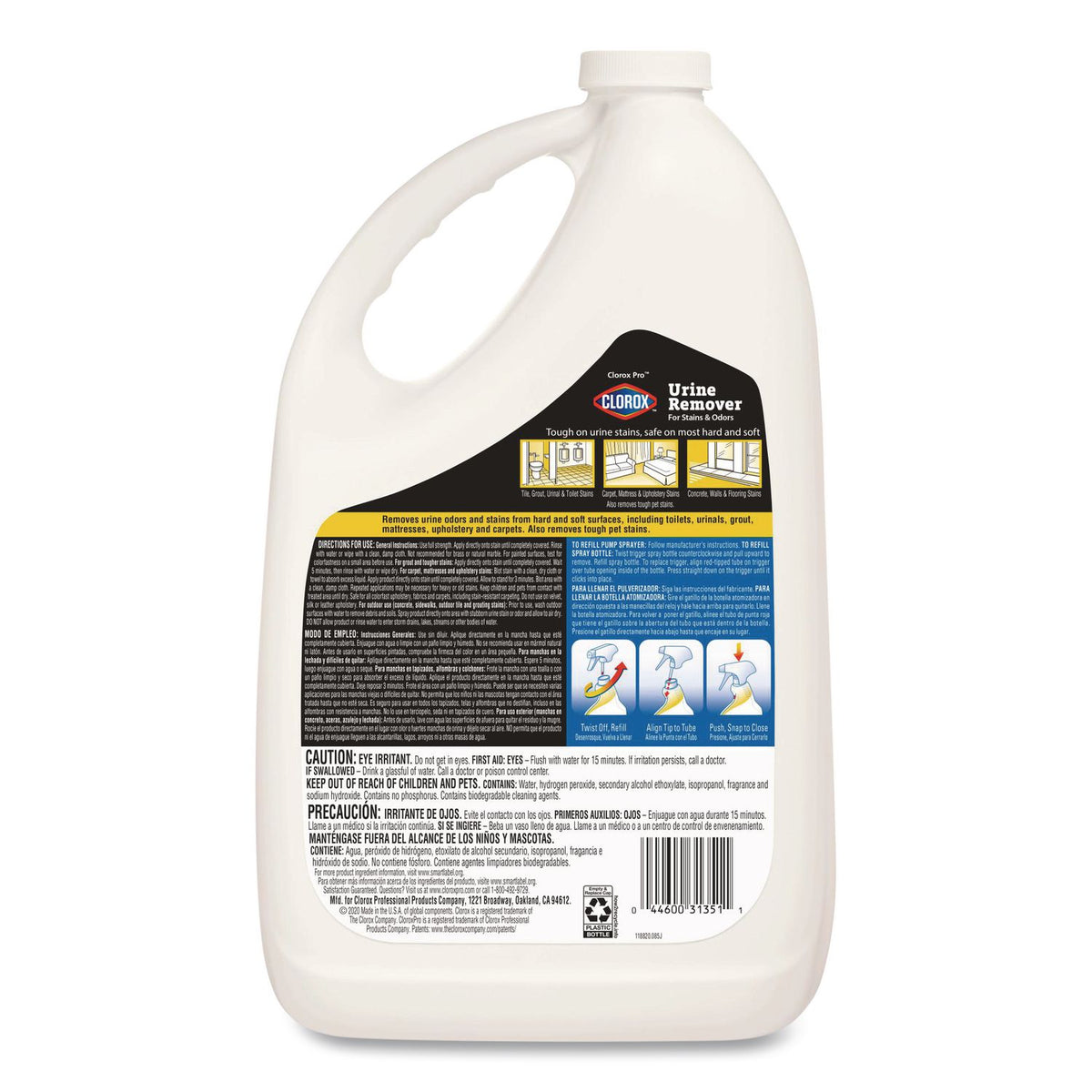 Urine Remover for Stains and Odors, 128 oz Refill Bottle, 4/Carton