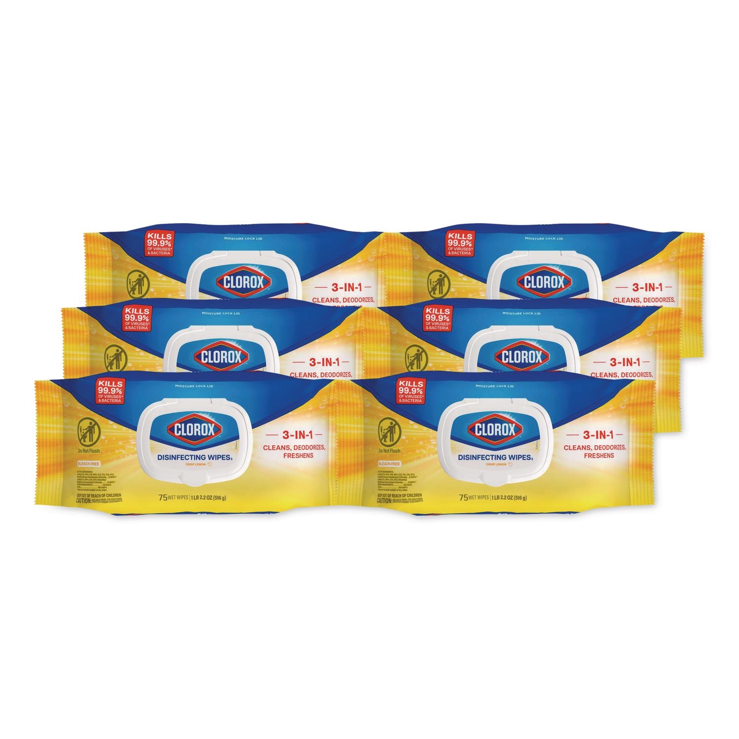 Disinfecting Wipes, Easy Pull Pack, 1-Ply, 8 x 7, Lemon Scent, White, 75 Towels/Box, 6 Boxes/Carton