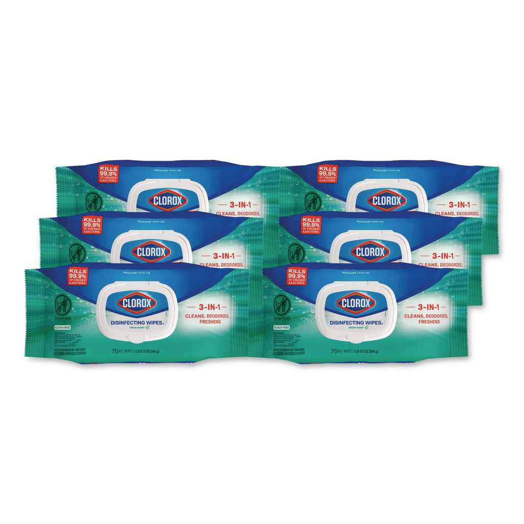Disinfecting Wipes, Easy Pull Pack, 1-Ply, 8 x 7, Fresh Scent, White, 75 Towels/Box, 6 Boxes/Carton