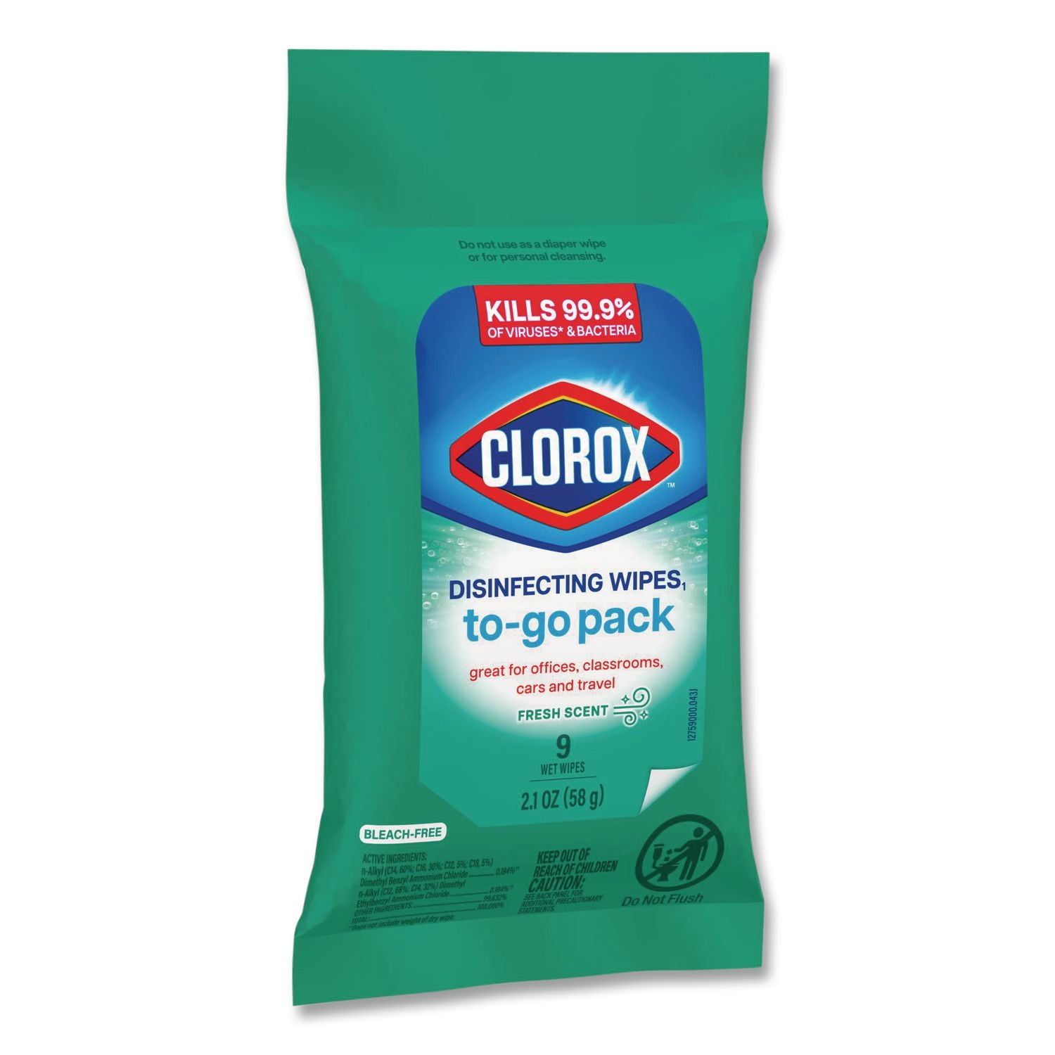 Clorox On The Go Bleach-Free Disinfecting Wipes - Ready-To-Use Wipe - Fresh Scent - 9 / Pack - 1 Each - White