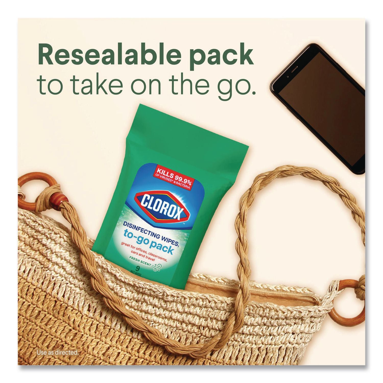 Clorox On The Go Bleach-Free Disinfecting Wipes - Ready-To-Use Wipe - Fresh Scent - 9 / Pack - 1 Each - White