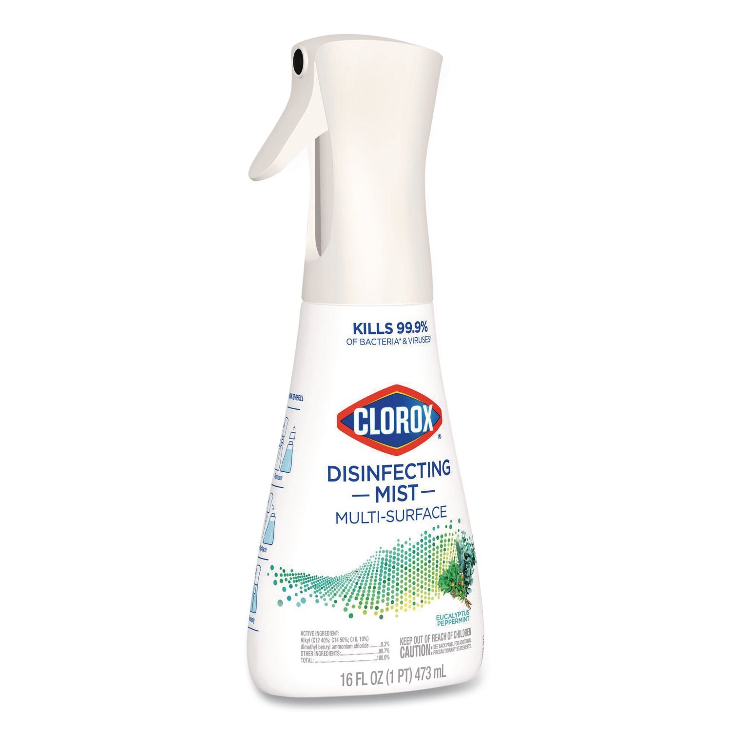 Clorox Disinfecting, Sanitizing, and Antibacterial Mist - 16 fl oz (0.5 quart) - Eucalyptus Peppermint Scent - 1 Each - Non-aerosol, Bleach-free - White
