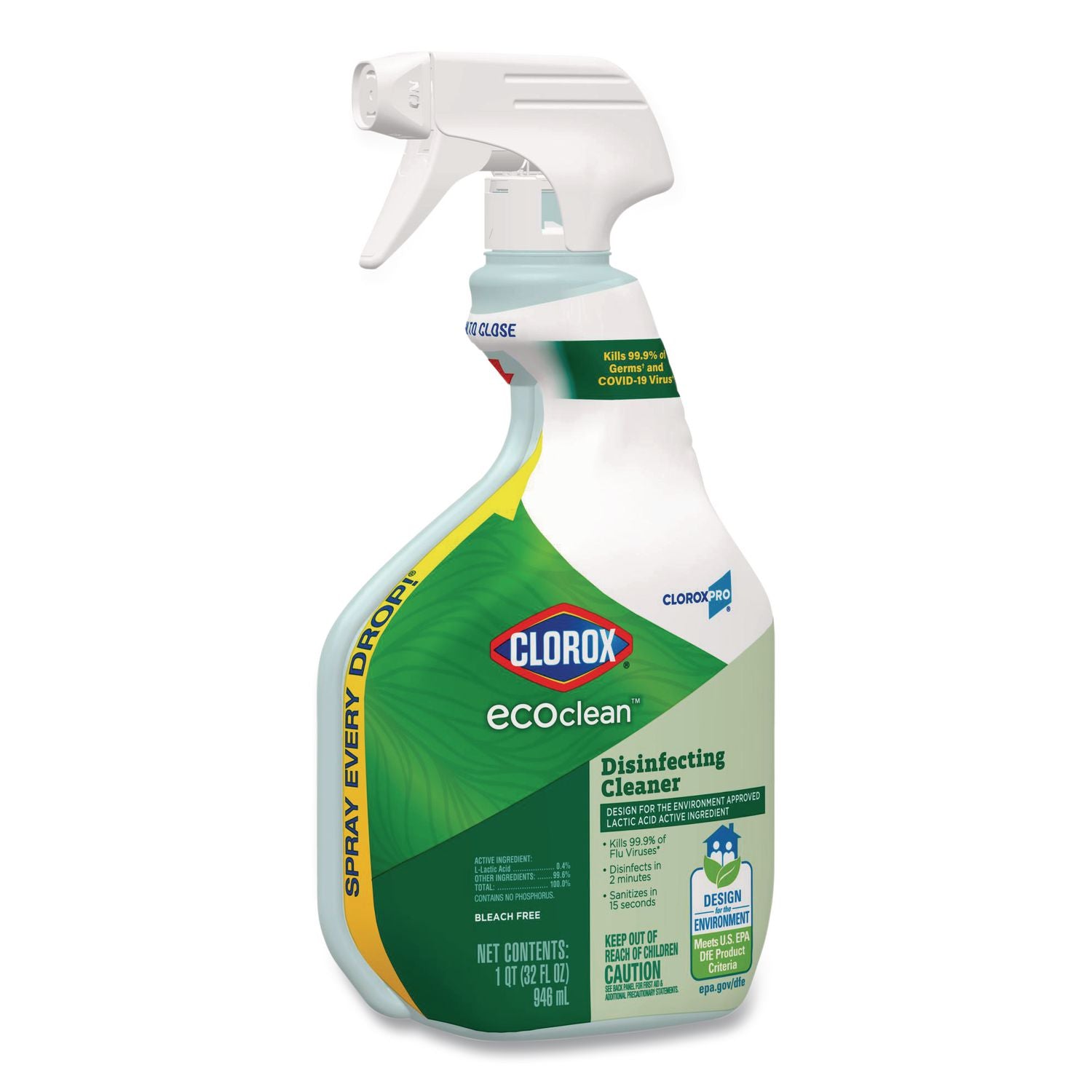 Clorox Pro EcoClean Disinfecting Cleaner, Unscented, 32 oz Spray Bottle, 9/Carton