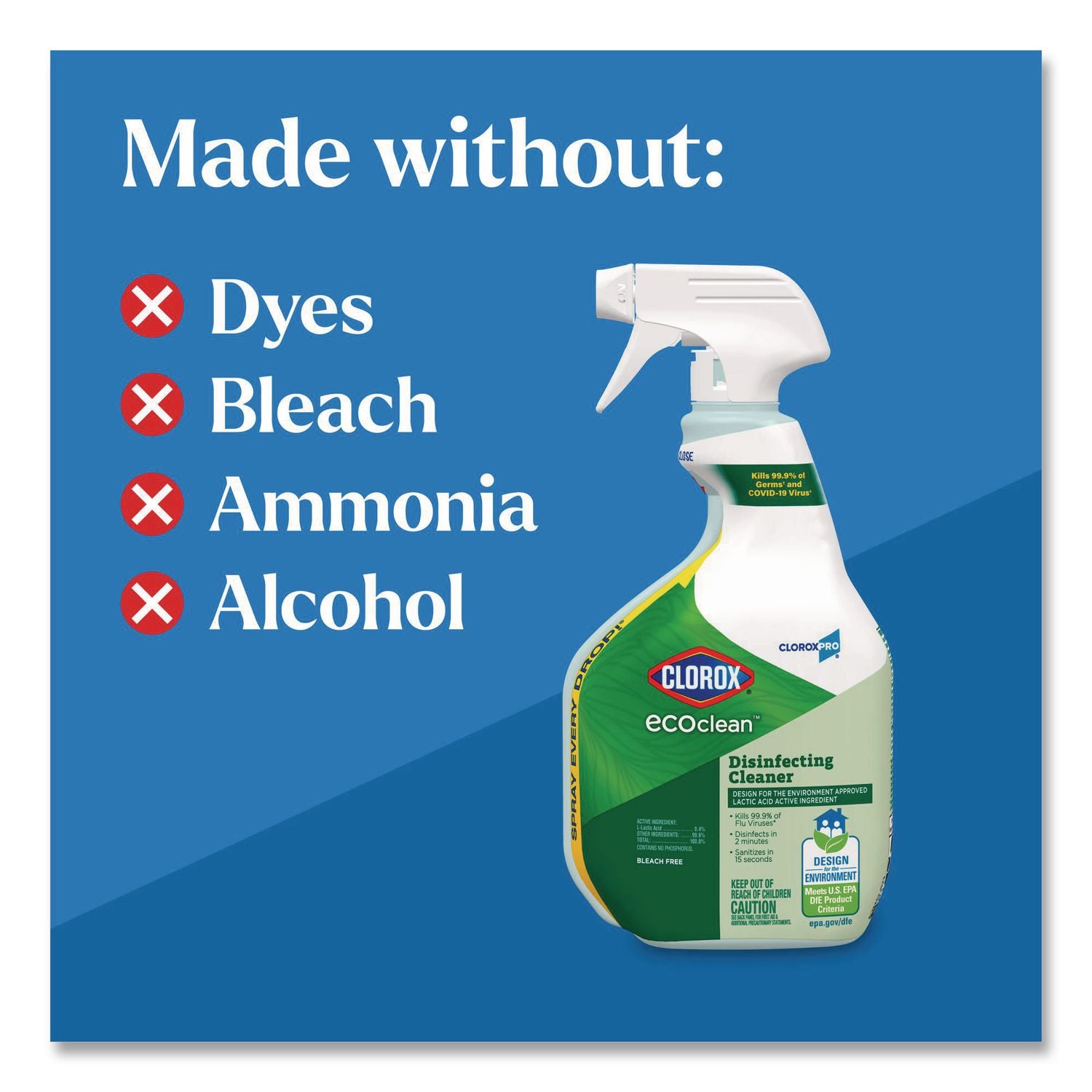 Clorox Pro EcoClean Disinfecting Cleaner, Unscented, 32 oz Spray Bottle, 9/Carton