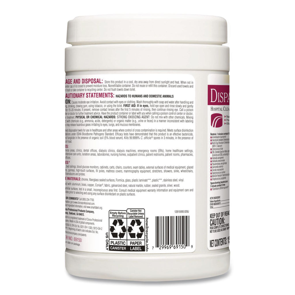 Dispatch Cleaner Disinfectant Towels, 1-Ply, 6.75 x 8, Unscented, White, 150/Canister, 8 Canisters/Carton