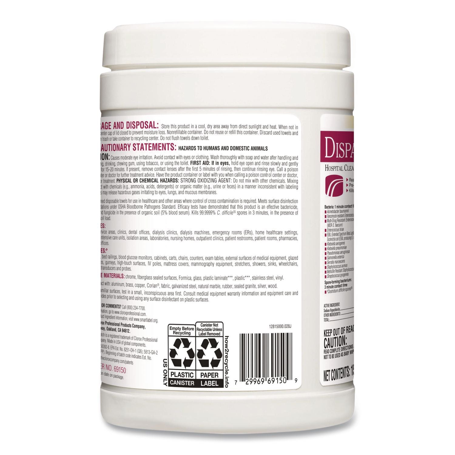 Dispatch Cleaner Disinfectant Towels, 1-Ply, 6.75 x 8, Unscented, White, 150/Canister, 8 Canisters/Carton