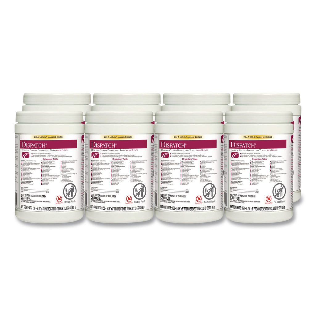 Dispatch Cleaner Disinfectant Towels, 1-Ply, 6.75 x 8, Unscented, White, 150/Canister, 8 Canisters/Carton