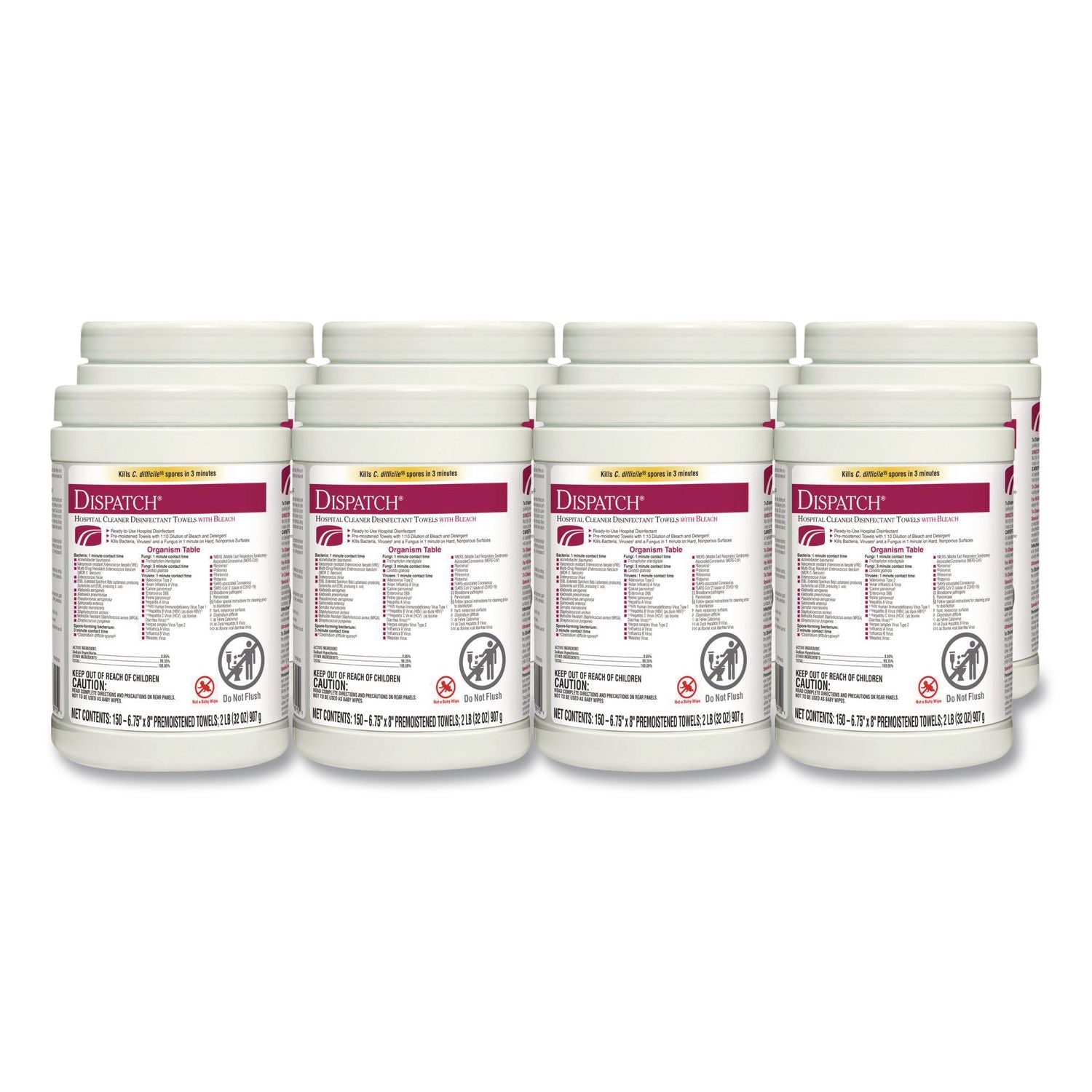 Dispatch Cleaner Disinfectant Towels, 1-Ply, 6.75 x 8, Unscented, White, 150/Canister, 8 Canisters/Carton