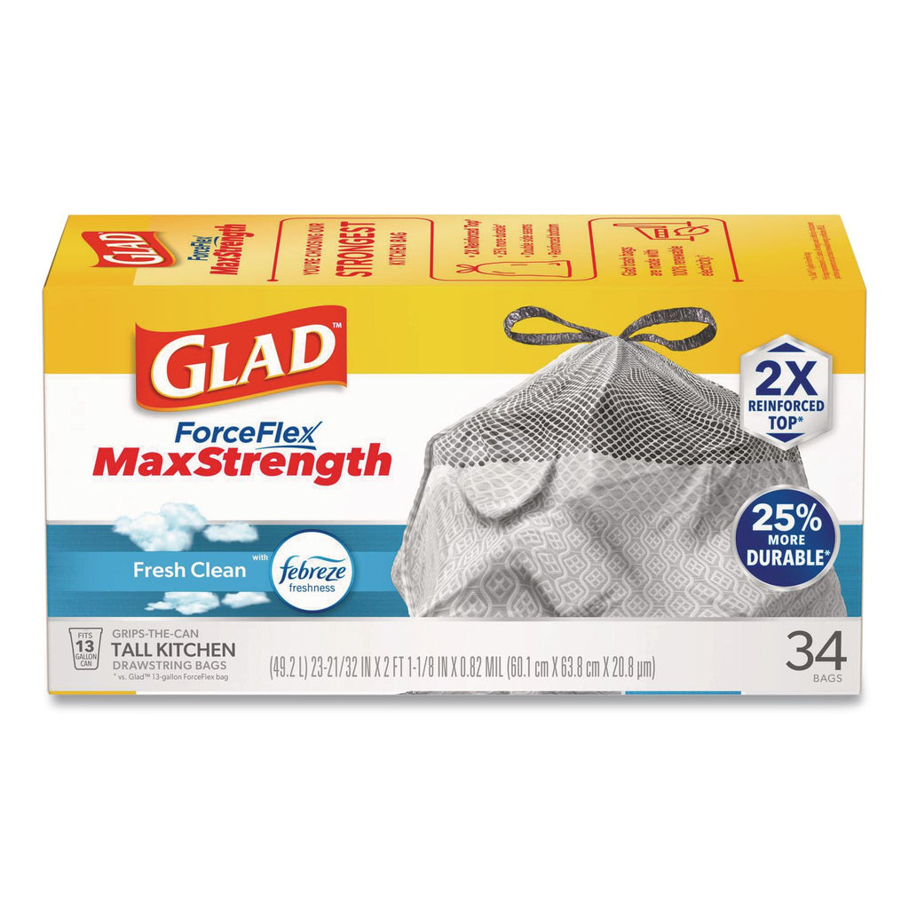 ForceFlexPlus OdorShield Tall Kitchen Drawstring Trash Bags, 13 gal, 0.9 mil, 24" x 28", White, 34 Bags/Box, 6 Boxes/Carton