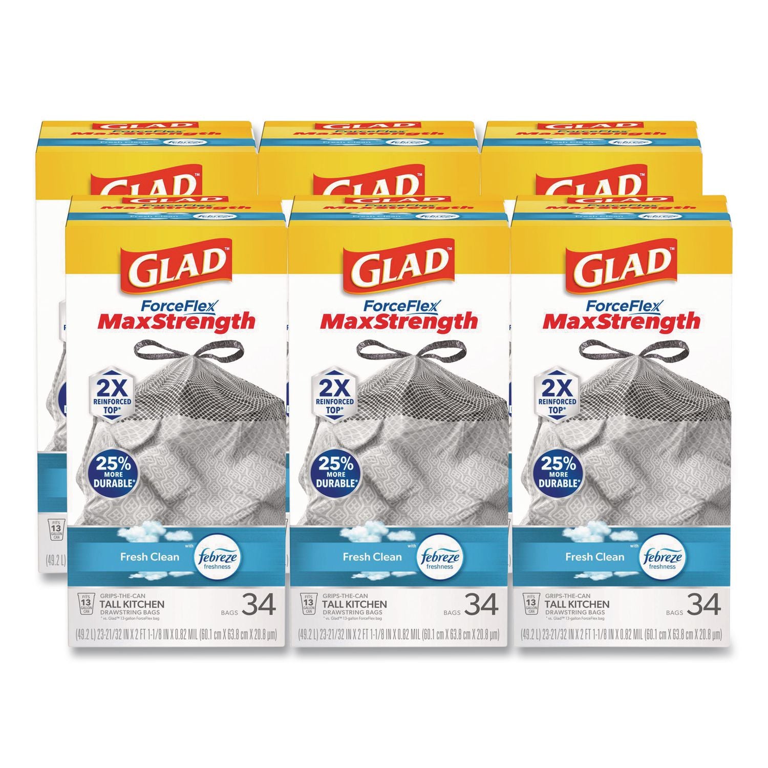ForceFlexPlus OdorShield Tall Kitchen Drawstring Trash Bags, 13 gal, 0.9 mil, 24" x 28", White, 34 Bags/Box, 6 Boxes/Carton