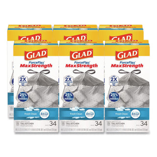 ForceFlexPlus OdorShield Tall Kitchen Drawstring Trash Bags, 13 gal, 0.9 mil, 24" x 28", White, 34 Bags/Box, 6 Boxes/Carton