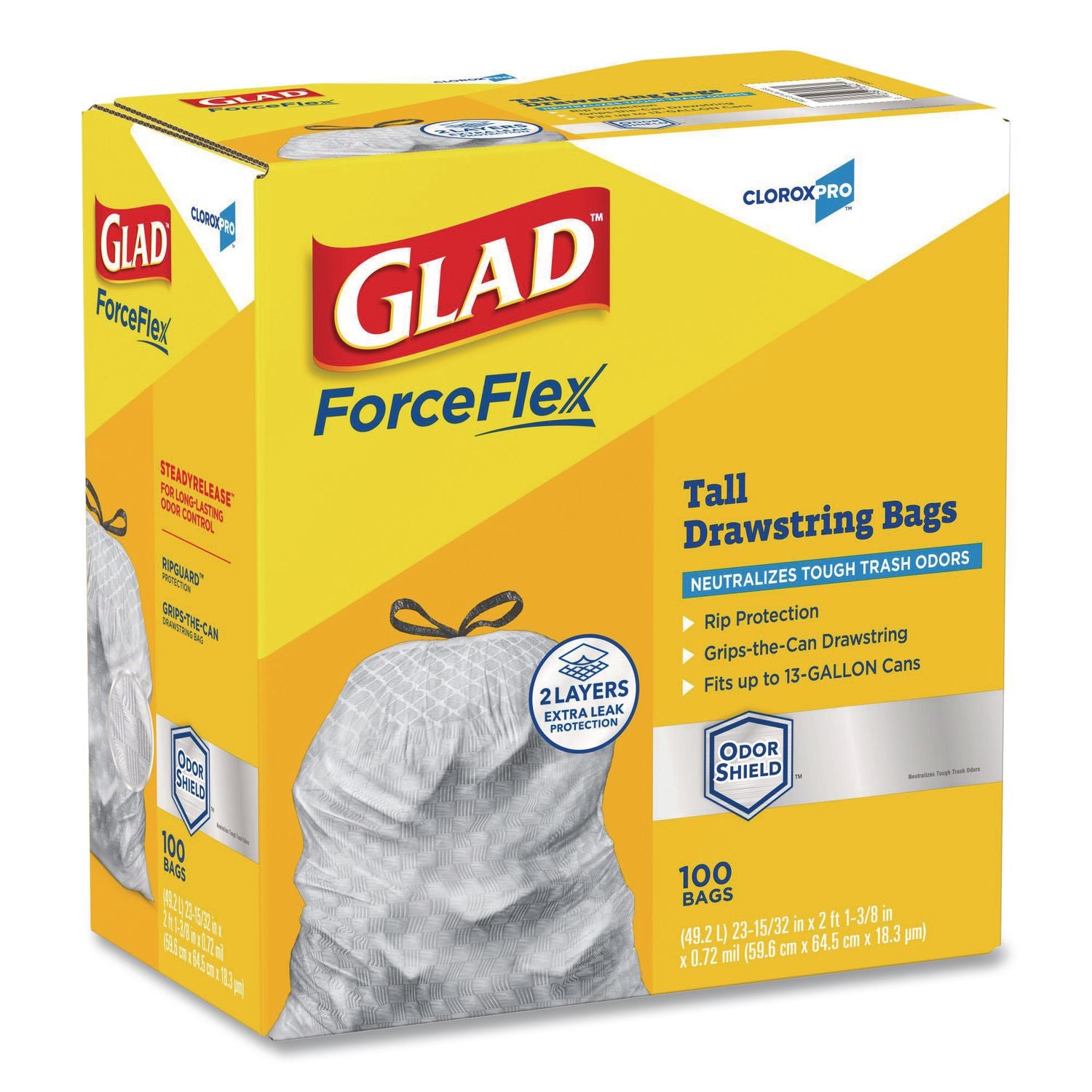 ForceFlex Tall Kitchen Drawstring Trash Bags, 13 gal, 0.72 mil, 23.75" x 24.88", Gray, 100/Box