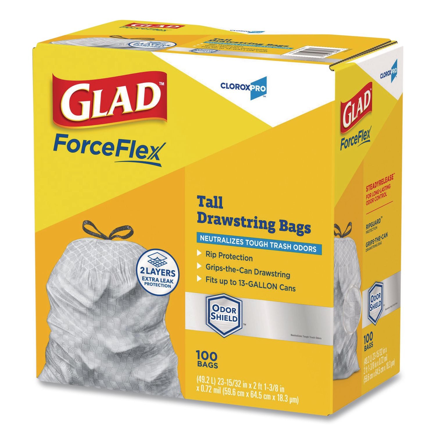 ForceFlex Tall Kitchen Drawstring Trash Bags, 13 gal, 0.72 mil, 23.75" x 24.88", Gray, 100/Box