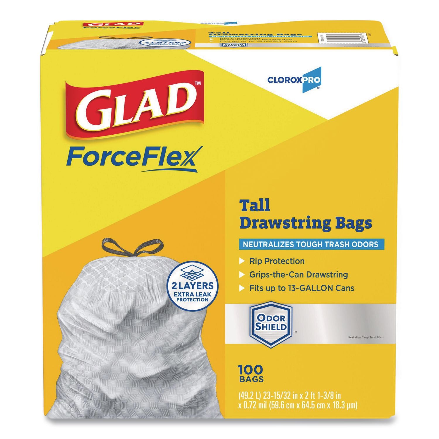 ForceFlex Tall Kitchen Drawstring Trash Bags, 13 gal, 0.72 mil, 23.75" x 24.88", Gray, 100/Box