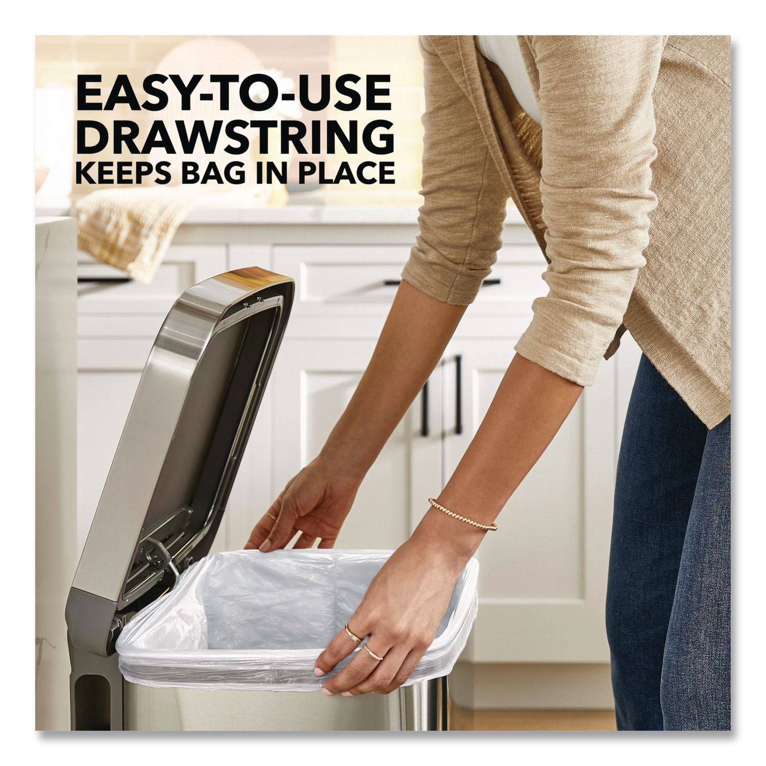 ForceFlexPlus OdorShield Tall Kitchen Drawstring Trash Bags, 13 gal, 0.72 mil, 23.75" x 25.38", White, 120/Box