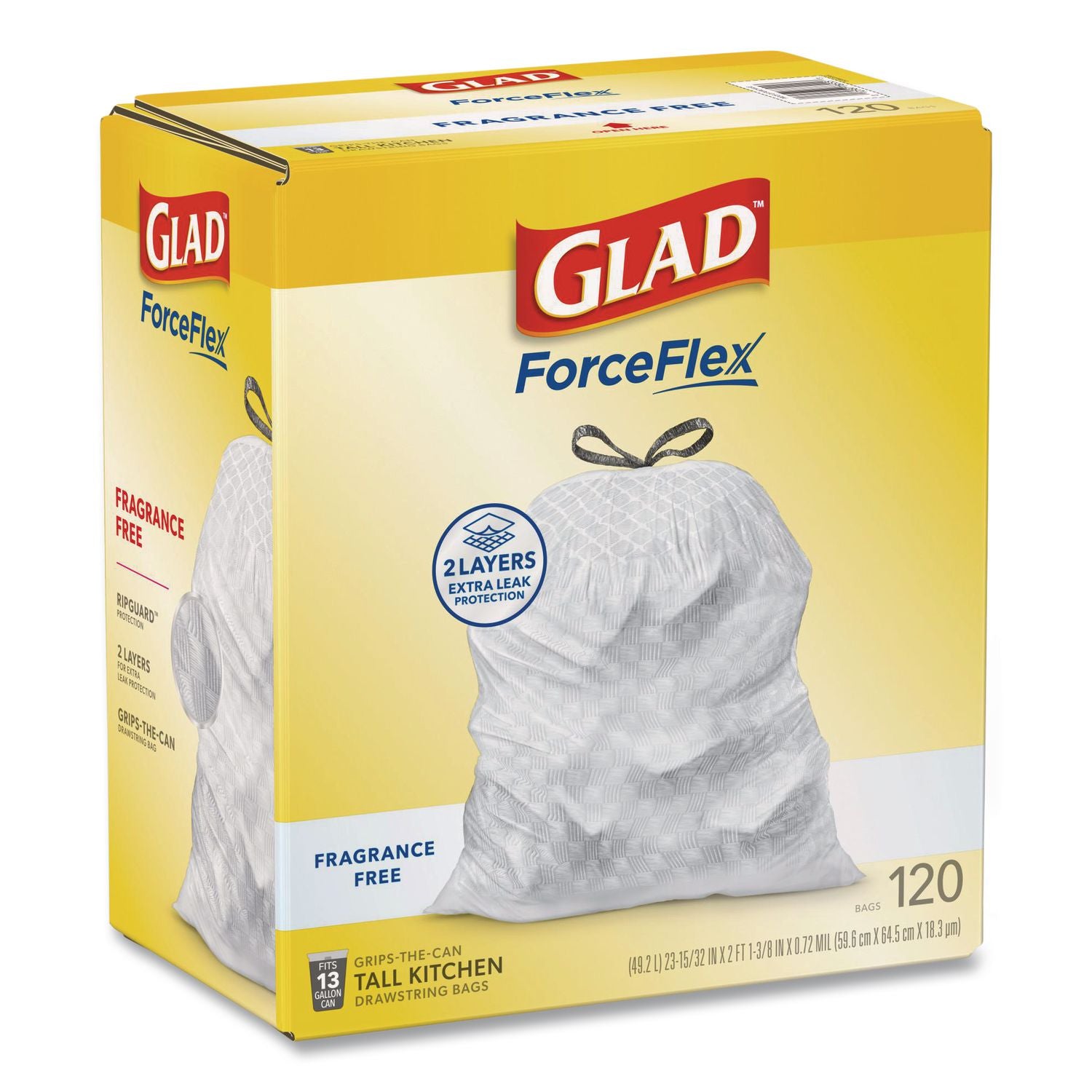 ForceFlexPlus OdorShield Tall Kitchen Drawstring Trash Bags, 13 gal, 0.72 mil, 23.75" x 25.38", White, 120/Box