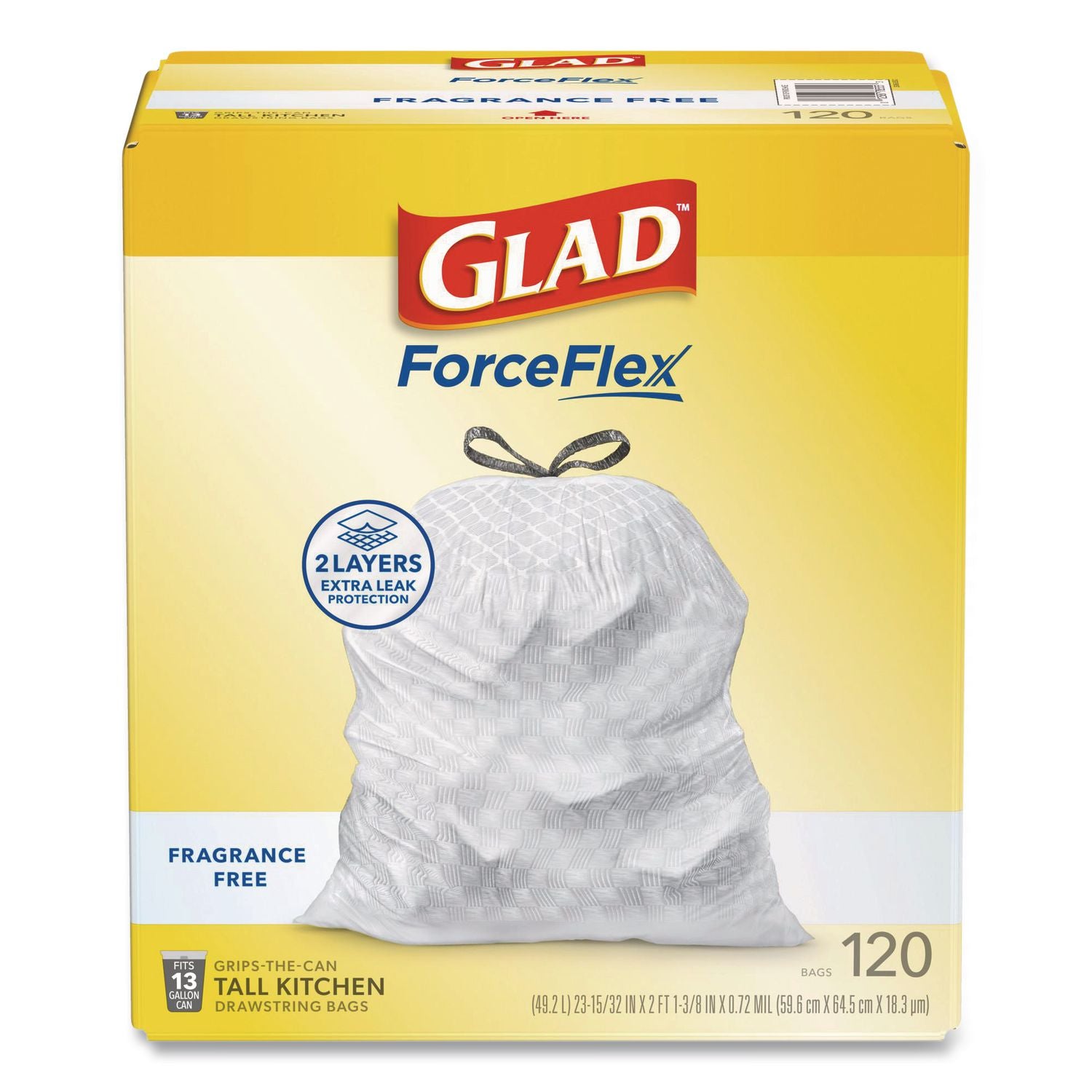 ForceFlexPlus OdorShield Tall Kitchen Drawstring Trash Bags, 13 gal, 0.72 mil, 23.75" x 25.38", White, 120/Box