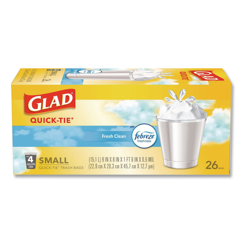 OdorShield Quick-Tie Small Trash Bags, 4 gal, 0.5 mil, 8" x 18", White, 26 Bags/Box, 6 Boxes/Carton