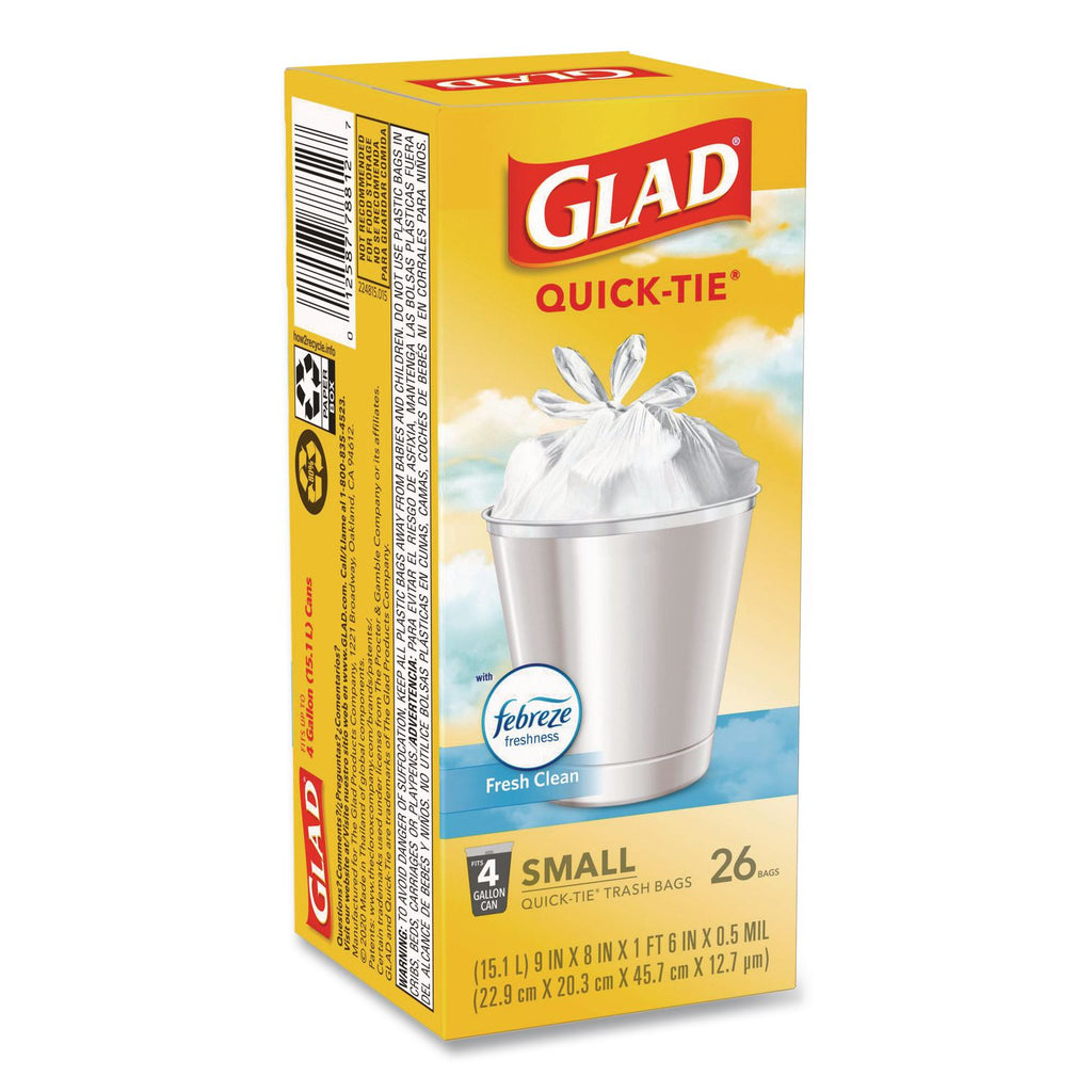 OdorShield Quick-Tie Small Trash Bags, 4 gal, 0.5 mil, 8" x 18", White, 26 Bags/Box, 6 Boxes/Carton