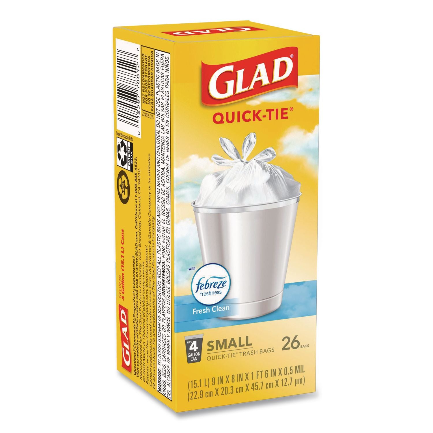OdorShield Quick-Tie Small Trash Bags, 4 gal, 0.5 mil, 8" x 18", White, 26 Bags/Box, 6 Boxes/Carton