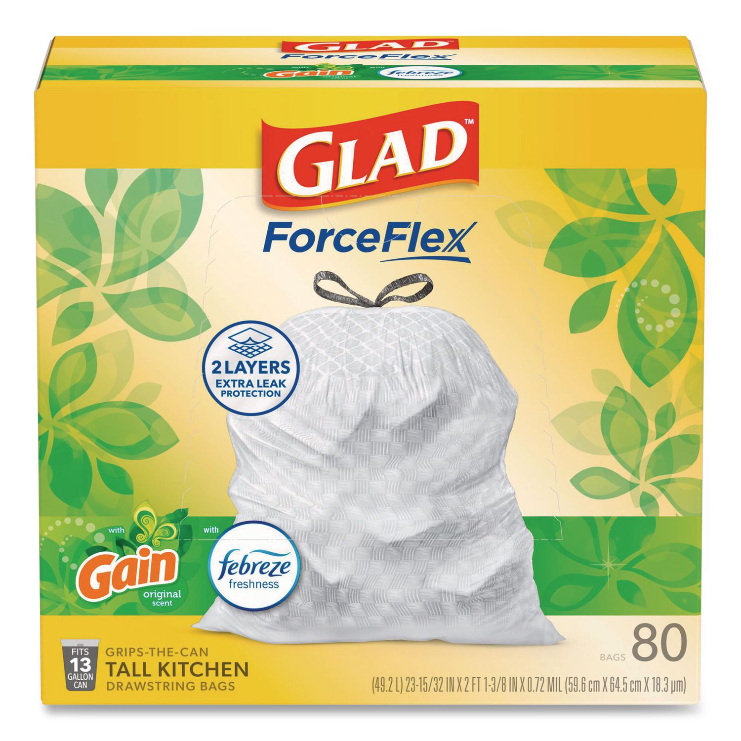 OdorShield Tall Kitchen Drawstring Bags, 13 gal, 0.95 mil, 24" x 27.38", White, 80/Box