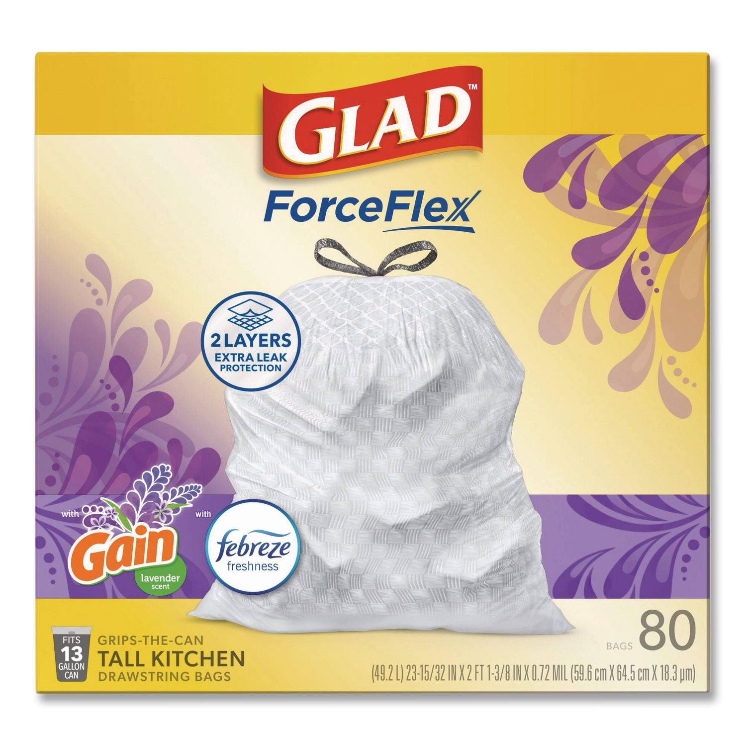 OdorShield Tall Kitchen Drawstring Bags, 13 gal, 0.95 mil, 24" x 27.38", White, 80/Box
