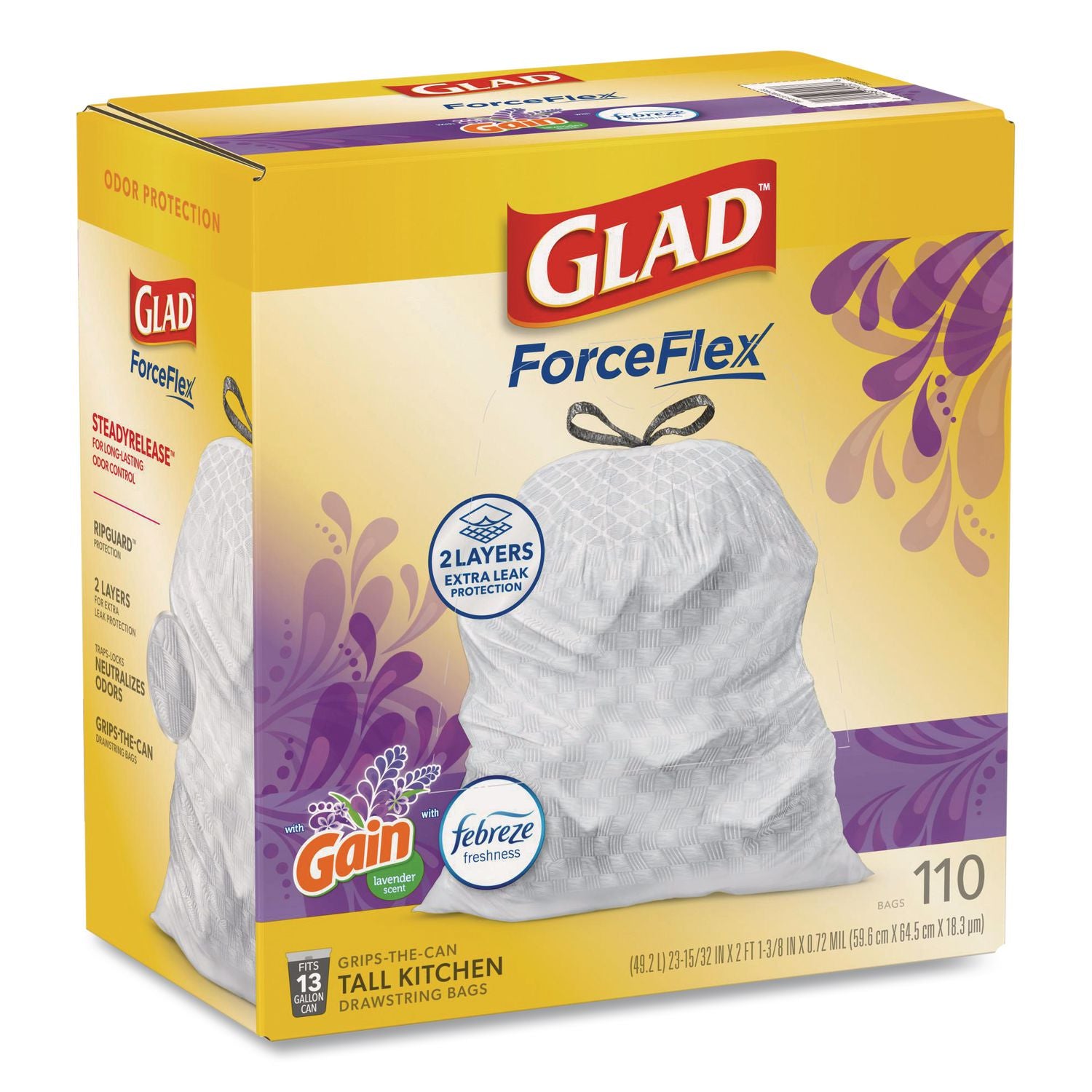 Glad ForceFlex Tall Kitchen Drawstring Trash Bags - Mediterranean Lavender with Febreze Freshness - 13 gal Capacity - 23.75" Width x 25.38" Length - 0.72 mil (18 Micron) Thickness - Drawstring Closure - White - 1/Box - 110 Per Box - Home, Office