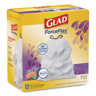 Glad ForceFlex Tall Kitchen Drawstring Trash Bags - Mediterranean Lavender with Febreze Freshness - 13 gal Capacity - 23.75" Width x 25.38" Length - 0.72 mil (18 Micron) Thickness - Drawstring Closure - White - 1/Box - 110 Per Box - Home, Office