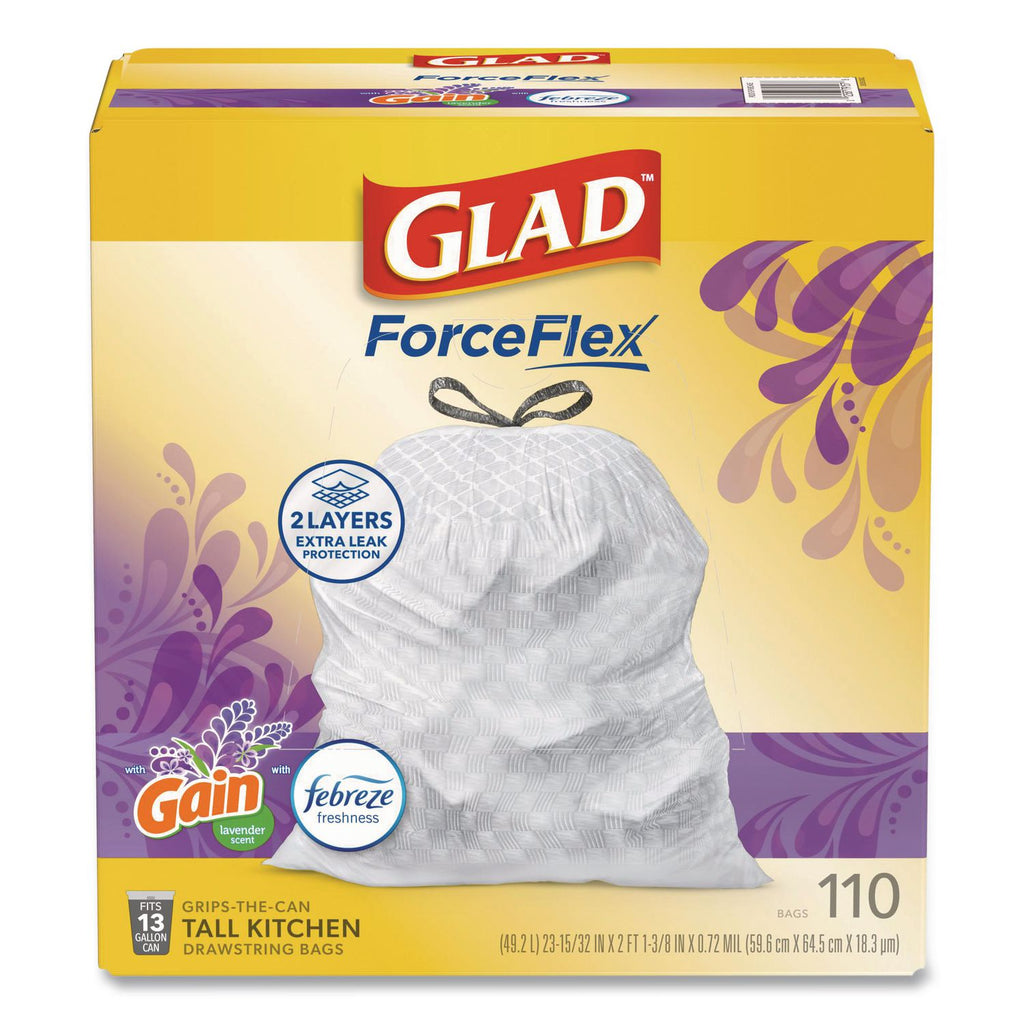 Glad ForceFlex Tall Kitchen Drawstring Trash Bags - Mediterranean Lavender with Febreze Freshness - 13 gal Capacity - 23.75" Width x 25.38" Length - 0.72 mil (18 Micron) Thickness - Drawstring Closure - White - 1/Box - 110 Per Box - Home, Office