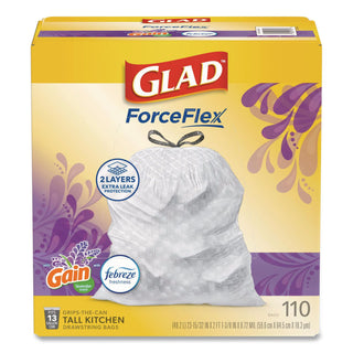 Glad ForceFlex Tall Kitchen Drawstring Trash Bags - Mediterranean Lavender with Febreze Freshness - 13 gal Capacity - 23.75" Width x 25.38" Length - 0.72 mil (18 Micron) Thickness - Drawstring Closure - White - 1/Box - 110 Per Box - Home, Office