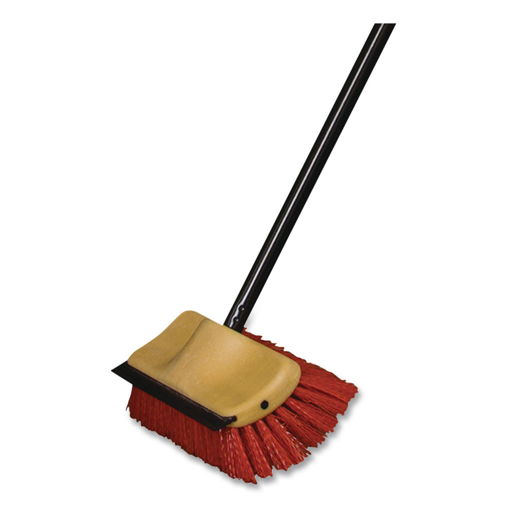 Bi-Level Floor Scrub Brush, Red Polypropylene Bristles, 10" Brush, 54" Black Metal Handle, 6/Carton