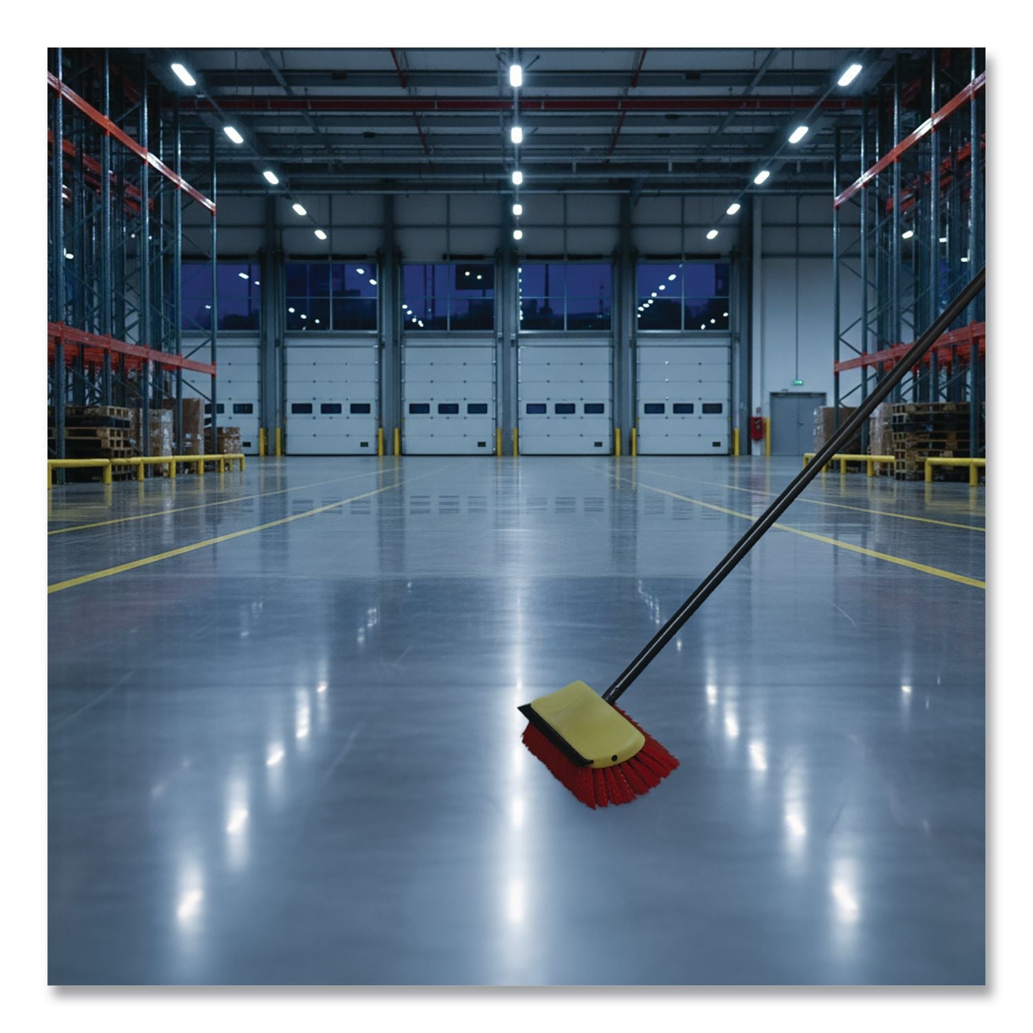 Bi-Level Floor Scrub Brush, Red Polypropylene Bristles, 10" Brush, 54" Black Metal Handle, 6/Carton
