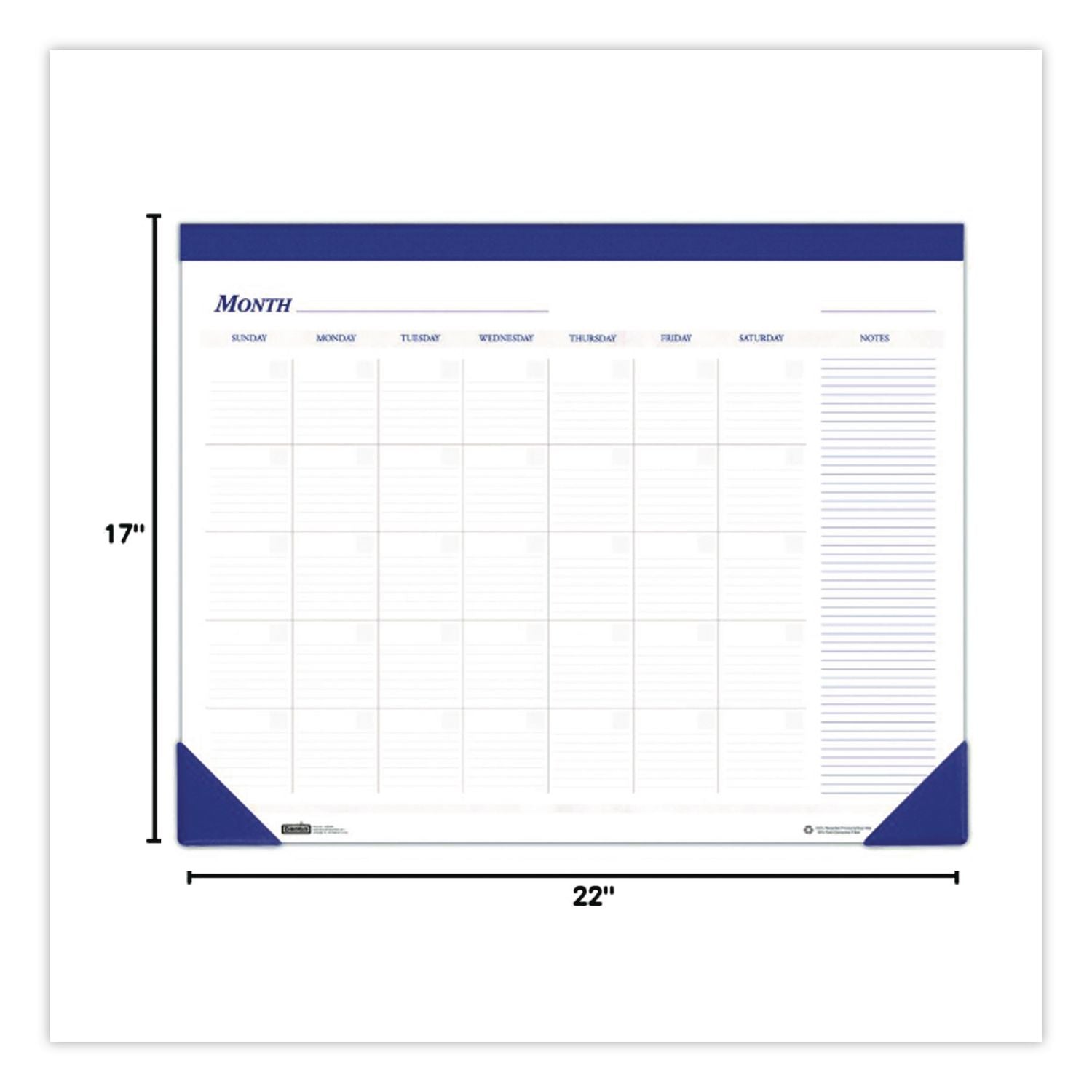 Recycled Nondated Desk Pad Calendar, 22 x 17, White/Blue Sheets, Blue Binding, Blue Corners, 12-Month (Jan to Dec): Undated