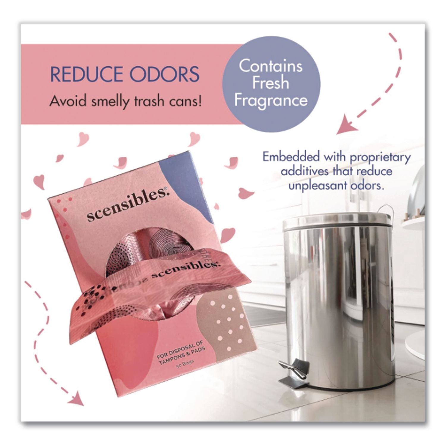 Scensibles Personal Disposal Bags, 3.38" x 9.75", Pink, 50 Bags/Box, 24 Boxes/Carton