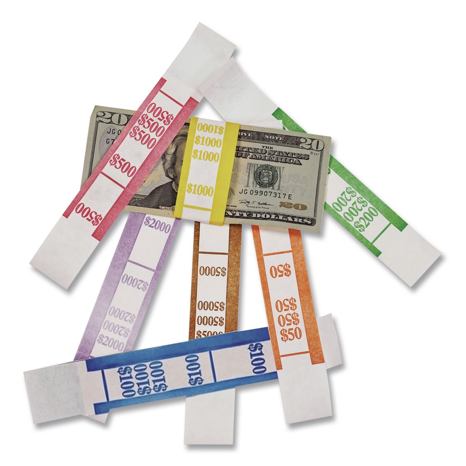 Color-Coded Kraft Currency Straps, $5 Bill, $500, Self-Adhesive, 1000/Pack