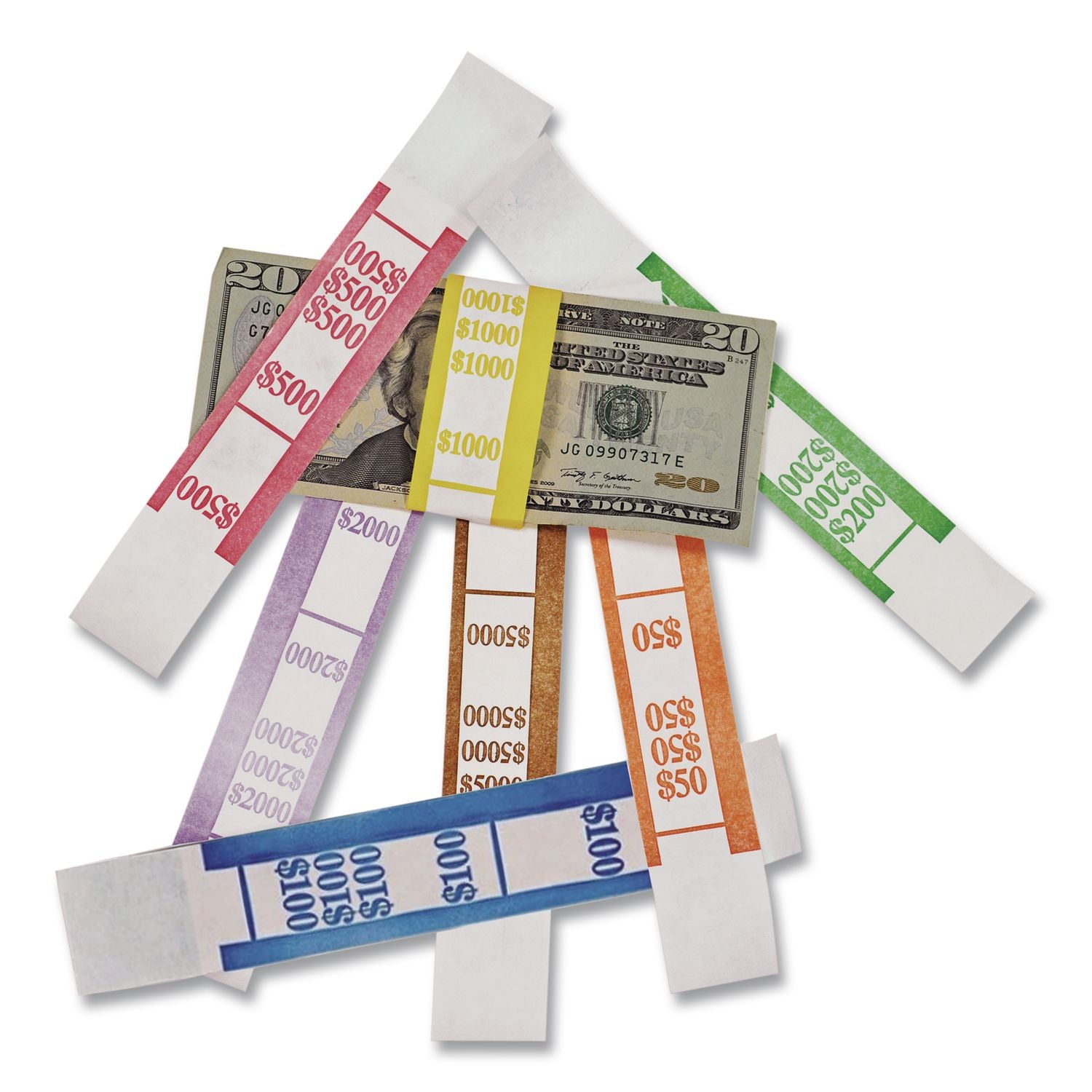 Color-Coded Kraft Currency Straps, $10 Bill, $1000, Self-Adhesive, 1000/Pack