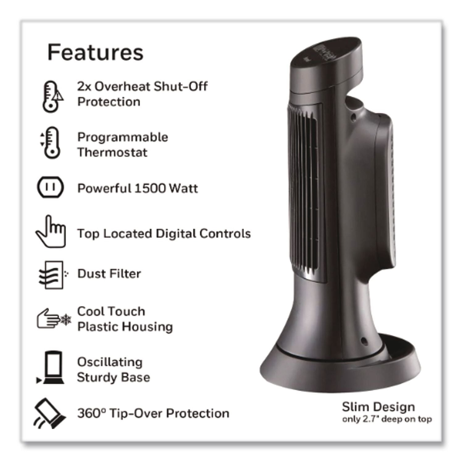 Digital Ceramic Mini Tower Heater, 1,500 W, 10 x 7.63 x 14, Black