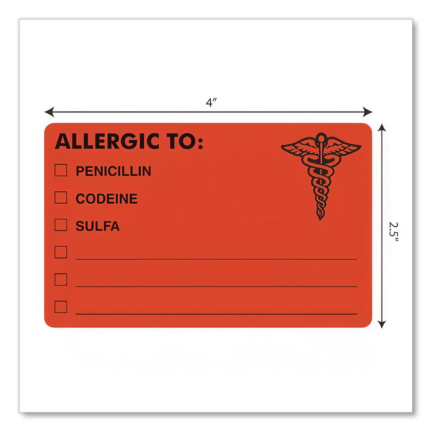 Allergy Warning Labels, ALLERGIC TO: PENICILLN, CODEINE, SULFA, 2.5 x 4, Fluorescent Red, 100/Roll
